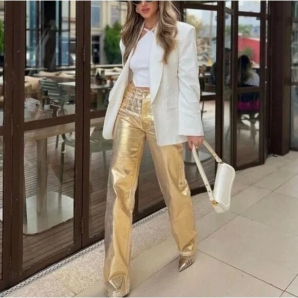 Zara gold metallic limited edition high rise boyfriend jeans - Picture 1 of 9